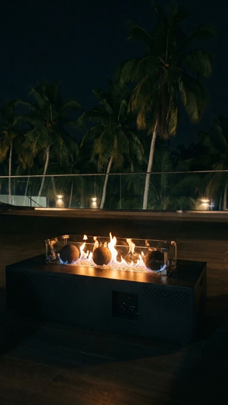 Fire table glowing beneath the palms at Yves & Saints